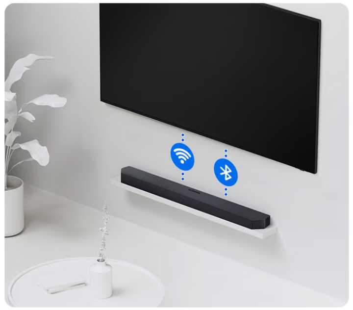Samsung HW-Q800H חיבור טלוויזיה אלחוטי ב-Wi-Fi או Bluetooth חיבור אלחוטי בין טלוויזיה למקרן קול Samsung HW-Q800H באמצעות Wi-Fi או Bluetooth