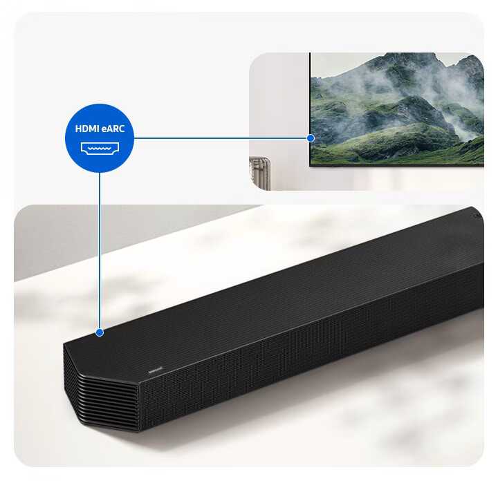 חיבור HDMI eARC במקרן קול Samsung HW-Q800H Samsung HW-Q800H מקרן קול עם חיבור HDMI eARC להעברת שמע באיכות גבוהה