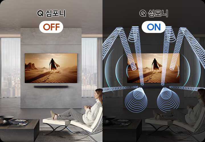 Samsung HW-Q990H Q-Symphony Q-Symphony במקרן קול Samsung HW-Q990H בשילוב רמקולי טלוויזיית Samsung