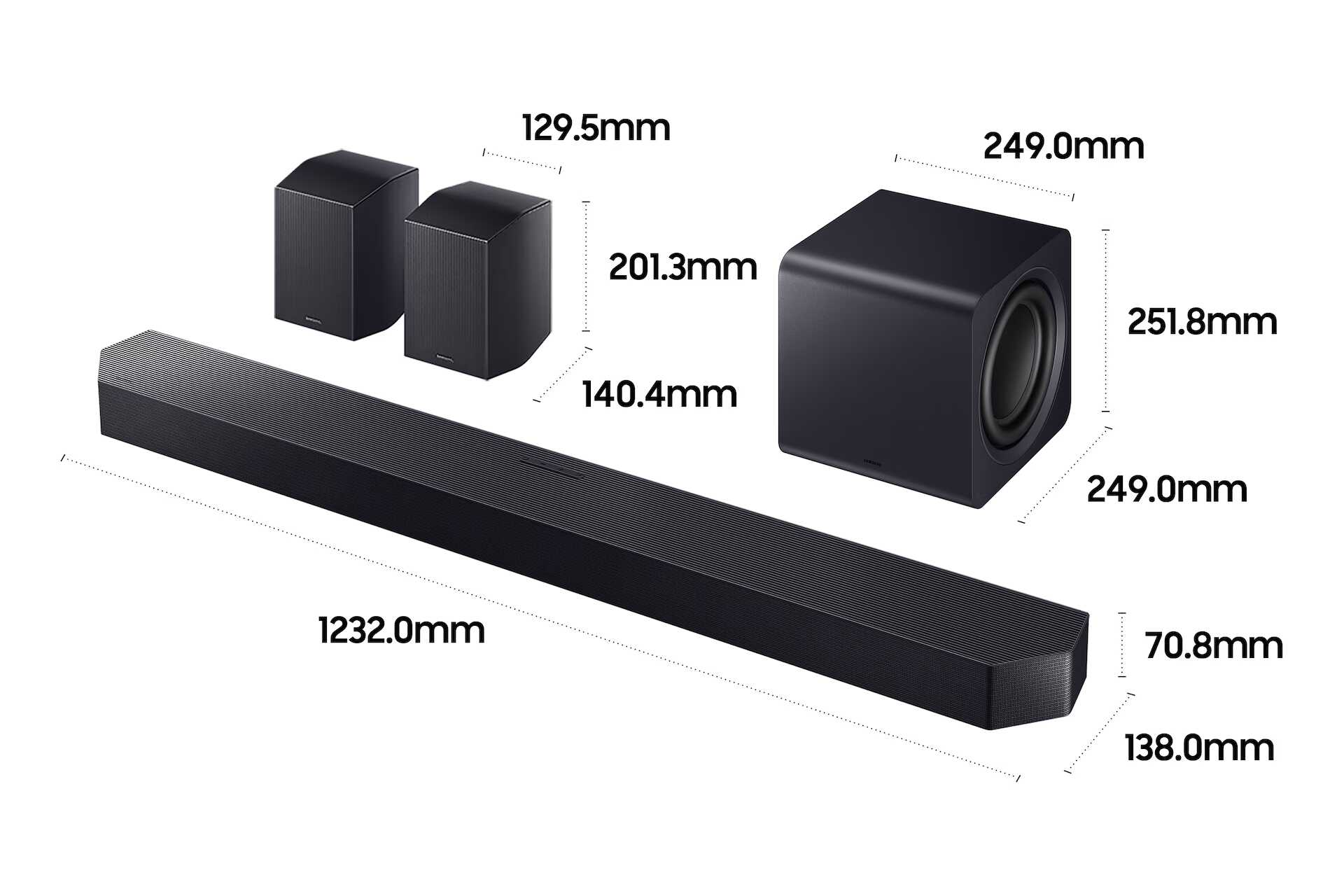 Samsung HW-Q990H Dimensions מידות מקרן קול Samsung HW-Q990H סאבוופר ורמקולים אחוריים