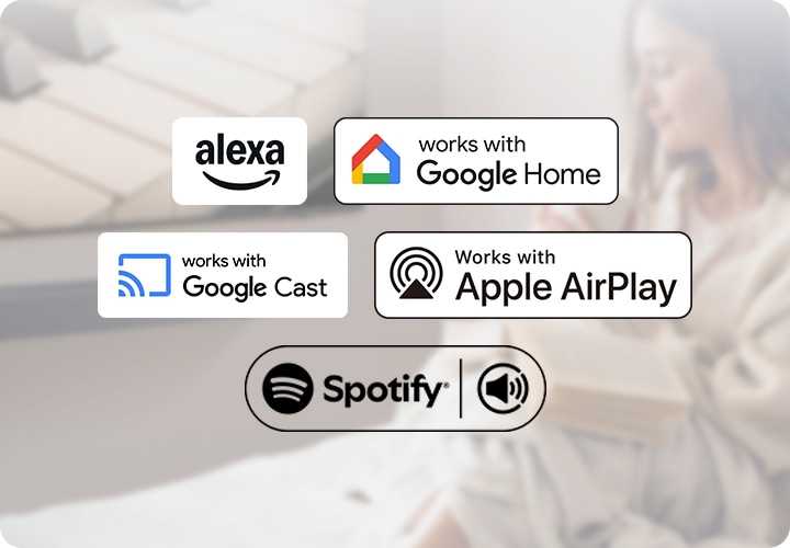 Samsung HW-Q990H Music Streaming and Wireless Connectivity חיבורי סטרימינג אלחוטיים במקרן קול Samsung HW-Q990H כולל AirPlay Google Cast ו-Spotify