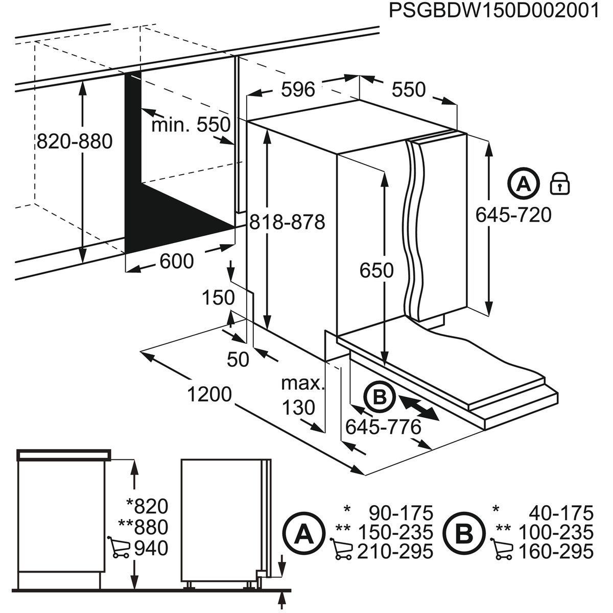 שרטוט התקנה מקורי של AEG למדיח FSB52617Z, מידות גומחה, מדיח ותנועת הדלת במילימטרים