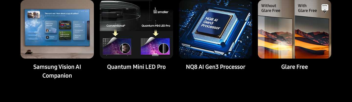 תכונות מרכזיות Samsung QE85QN990H תכונות מרכזיות Samsung QE85QN990H כולל Vision AI Quantum Mini LED Pro NQ8 AI Gen3 ו-Glare Free