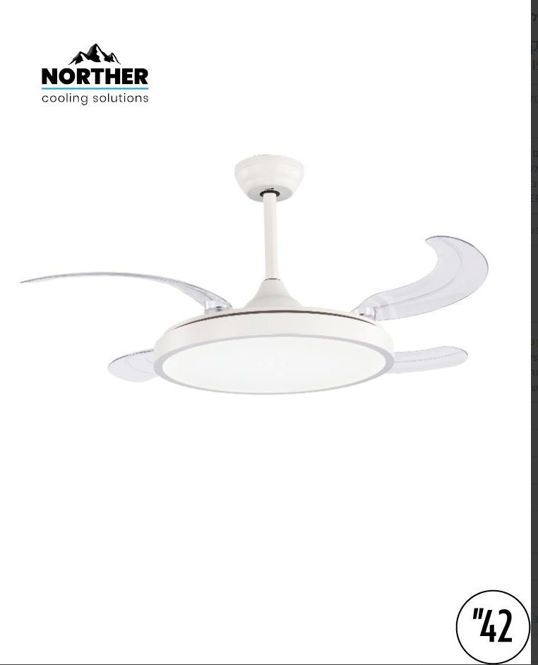 מאוורר תקרה NORTHER ROSE 42 אינץ׳ בגוף לבן עם ארבע כנפיים שקופות ותאורת LED