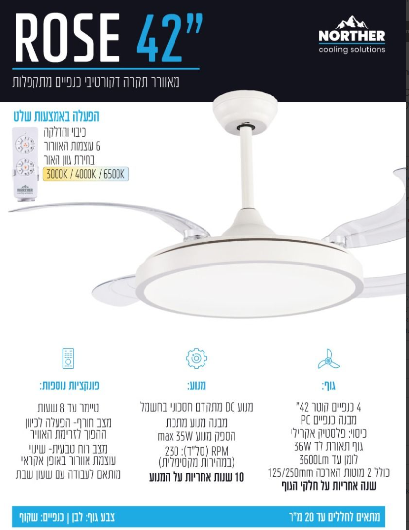 תמונת מידע מקורית של NORTHER ROSE 42 אינץ׳ עם פירוט השלט, התאורה, המנוע והפונקציות