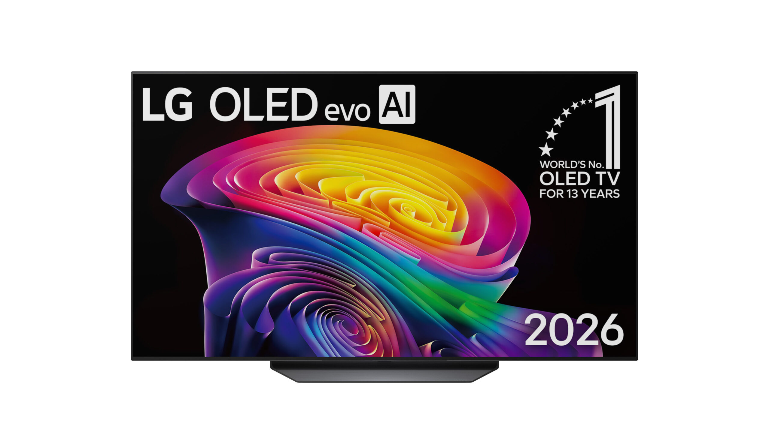 טלוויזיית LG OLED55CS6VA בגודל 55 אינץ׳ במבט קדמי עם מעמד ותצוגה צבעונית
