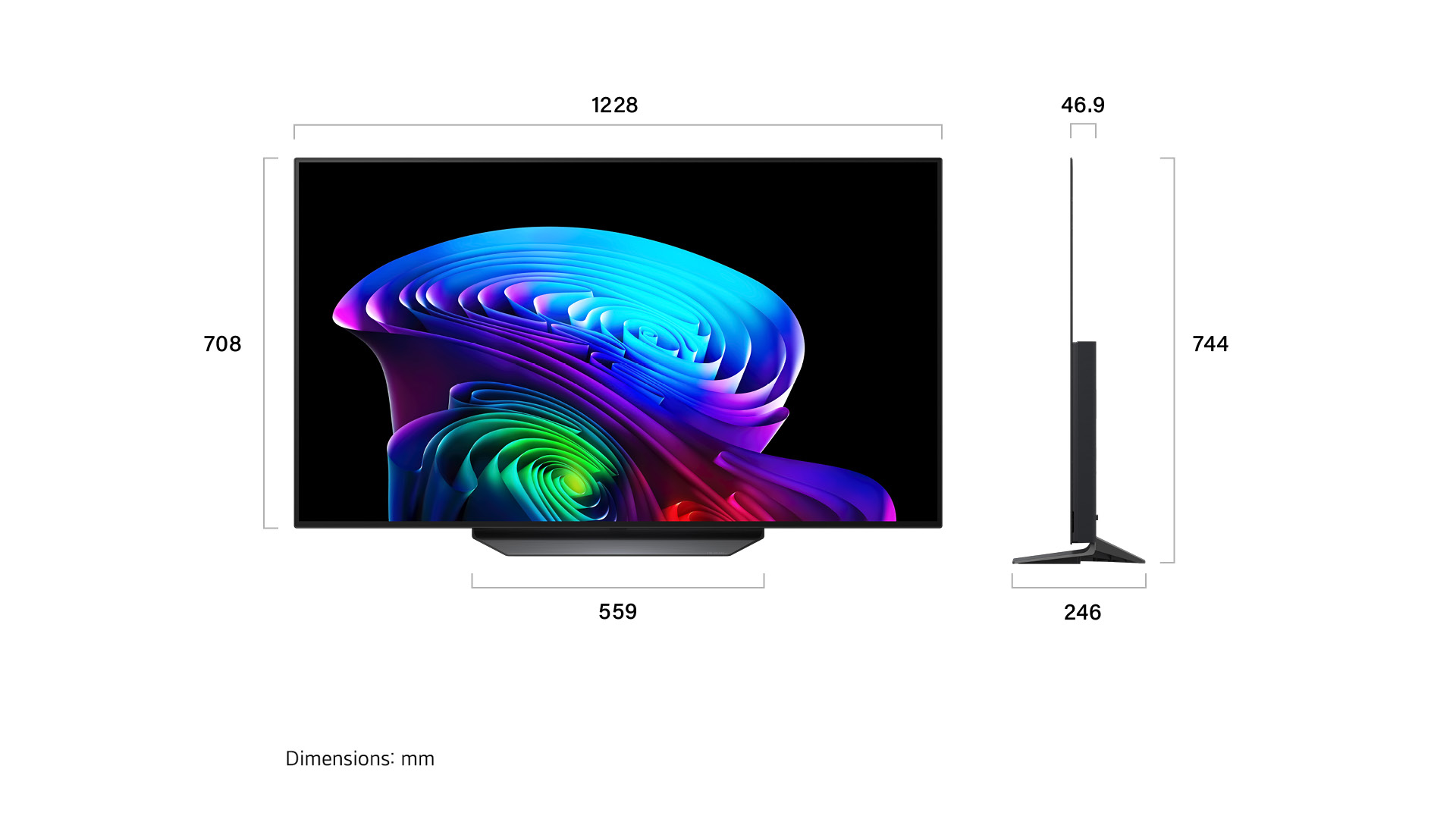 תרשים מידות LG OLED55CS6VA: רוחב 1228 מ״מ, גובה 708 מ״מ ללא מעמד ו־744 מ״מ עם מעמד, בסיס 559 על 246 מ״מ