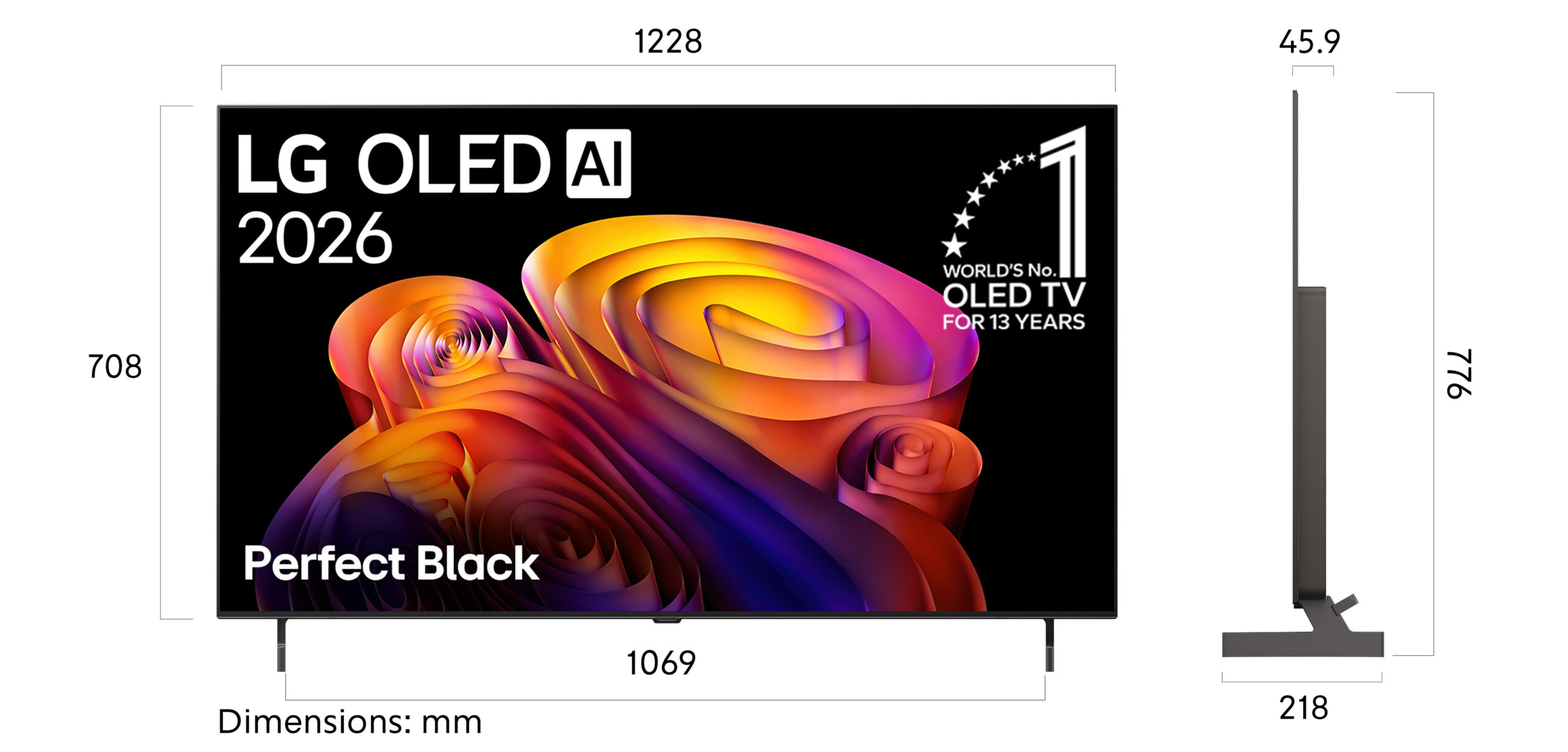 LG OLED55B6ELA – תרשים מידות במילימטרים תרשים מידות LG OLED55B6ELA: רוחב 1228 מ״מ, גובה עם מעמד 776 מ״מ, מרחק רגליות 1069 מ״מ ועומק מעמד 218 מ״מ