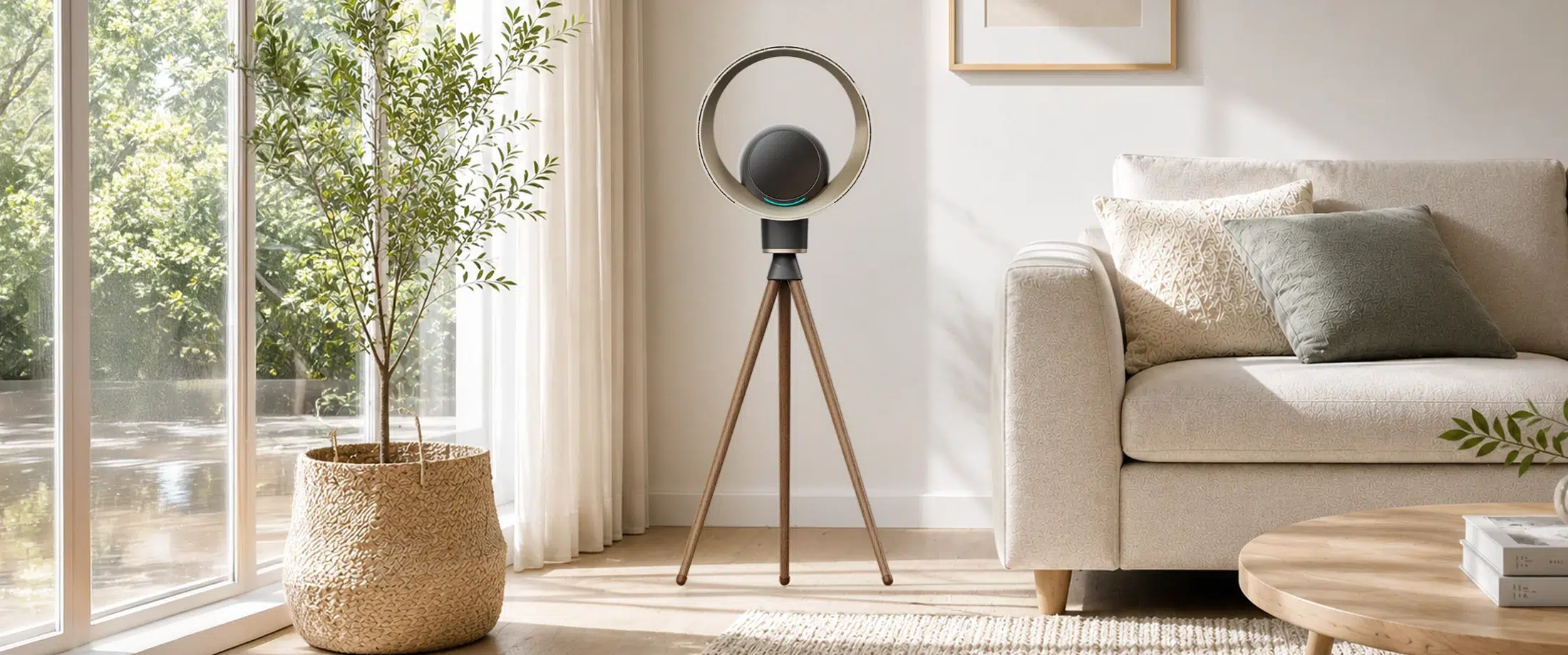 SMARTER PureAura C3 בסלון מואר עם ספה, שטיח וצמחייה טבעית