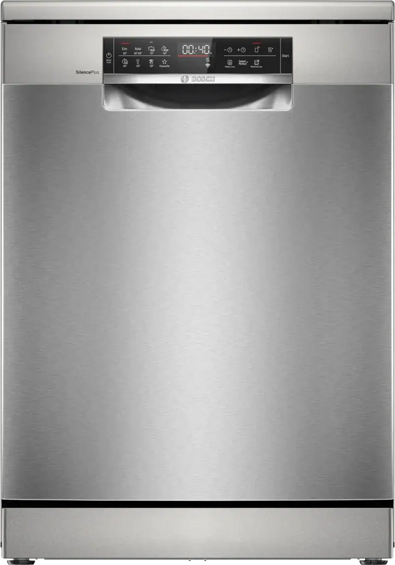 Bosch SMS8ECI02E – גובה 84.5 ס״מ, רוחב 60 ס״מ ועומק 60 ס״מ מבט חזיתי על מדיח Bosch SMS8ECI02E בגימור נירוסטה