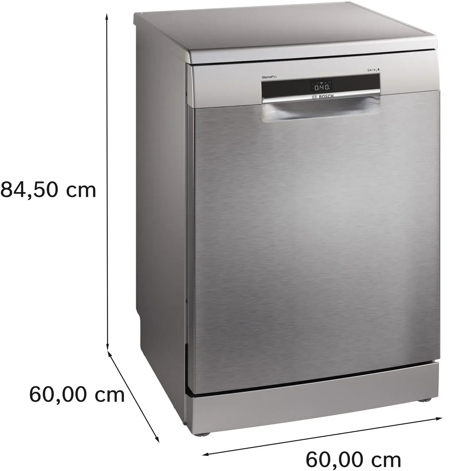 תרשים מידות Bosch SMS6ECI15E: גובה 84.5 ס״מ, רוחב 60 ס״מ ועומק 60 ס״מ