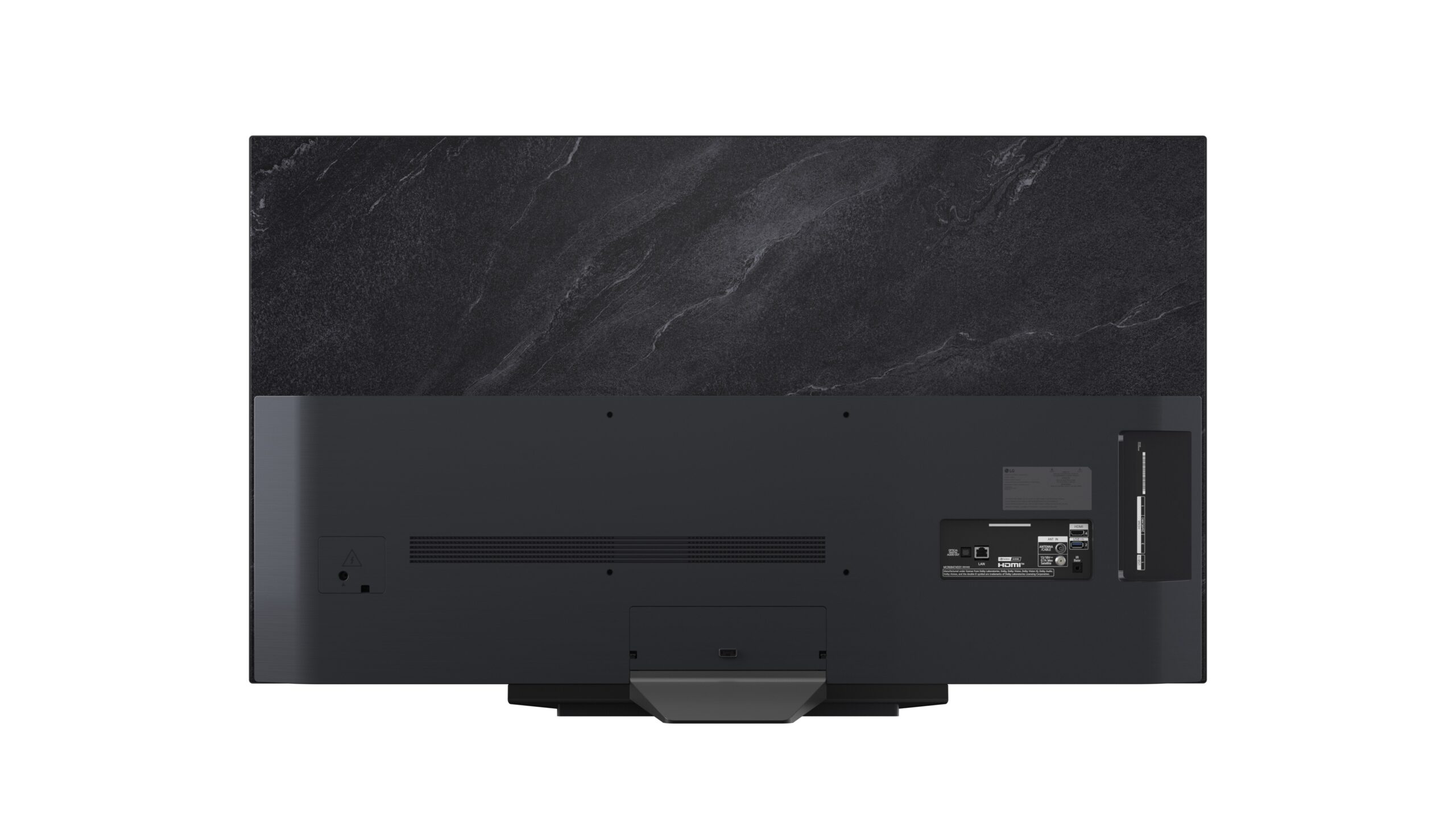 גב טלוויזיית LG OLED55CS6VA עם מעמד מרכזי ואזורי חיבורים