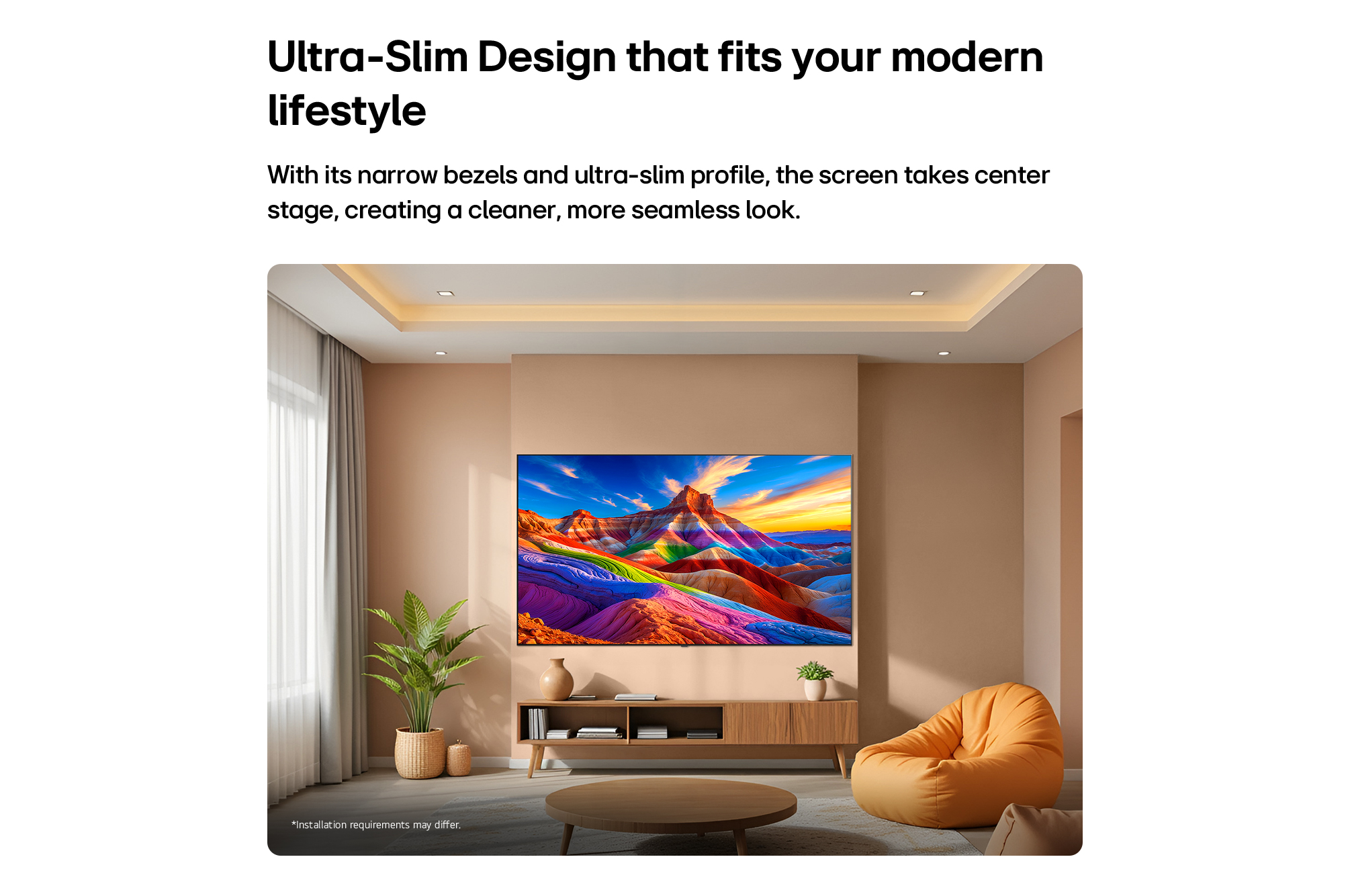 LG OLED B6 – המחשת שילוב מסך בסלון המחשת טלוויזיית LG OLED תלויה בסלון מואר עם נוף צבעוני על המסך וריהוט בגוונים חמים