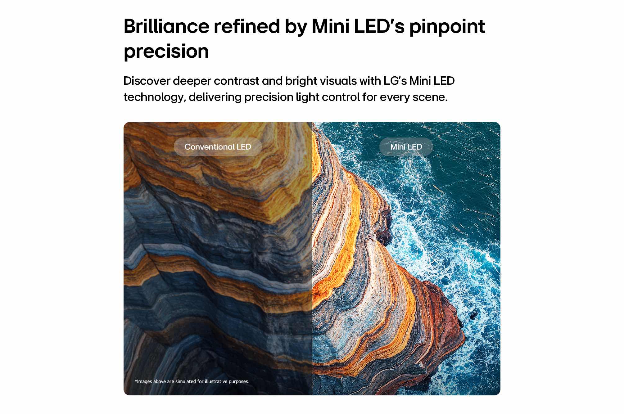 המחשה של תאורת Mini LED ופרטי תמונה משופרים בסצנת נוף של LG
