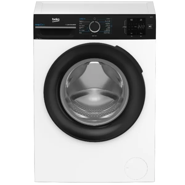 מכונת כביסה BEKO BK7129UM לבנה עם פאנל שחור, מבט חזיתי