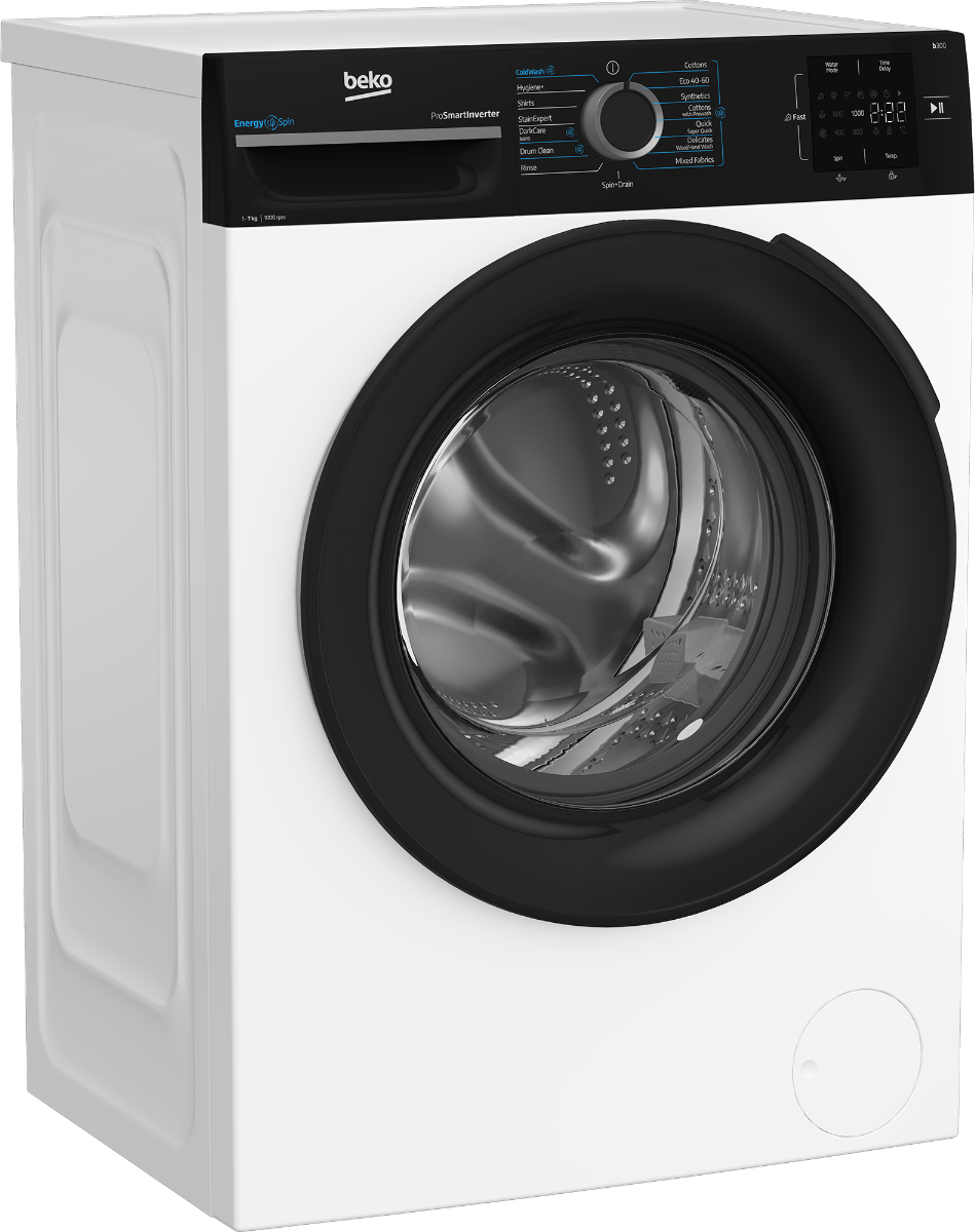 מכונת BEKO BK7129UM בזווית, פאנל שחור ודלת קדמית