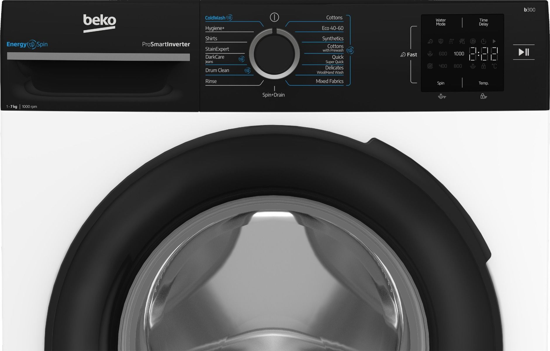 תקריב לוח הבקרה של BEKO BK7129UM, בורר התוכניות והצג