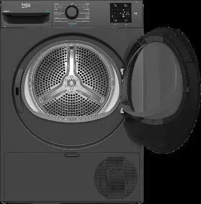מייבש Beko BM6855ATNX עם דלת פתוחה המציגה את תוף הייבוש