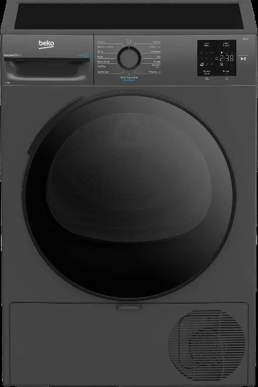 מייבש כביסה Beko BM6855ATNX בצבע אנתרציט, חזית עם דלת כהה עגולה