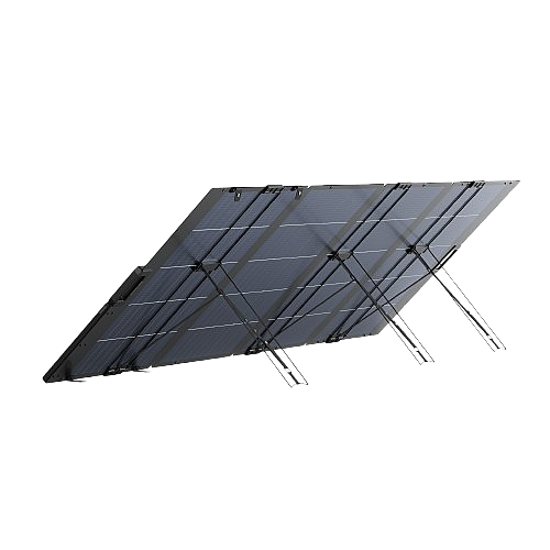 מבט אחורי על פאנל EcoFlow 400W NextGen כשהוא פרוש, עם רגלי התמיכה פתוחות
