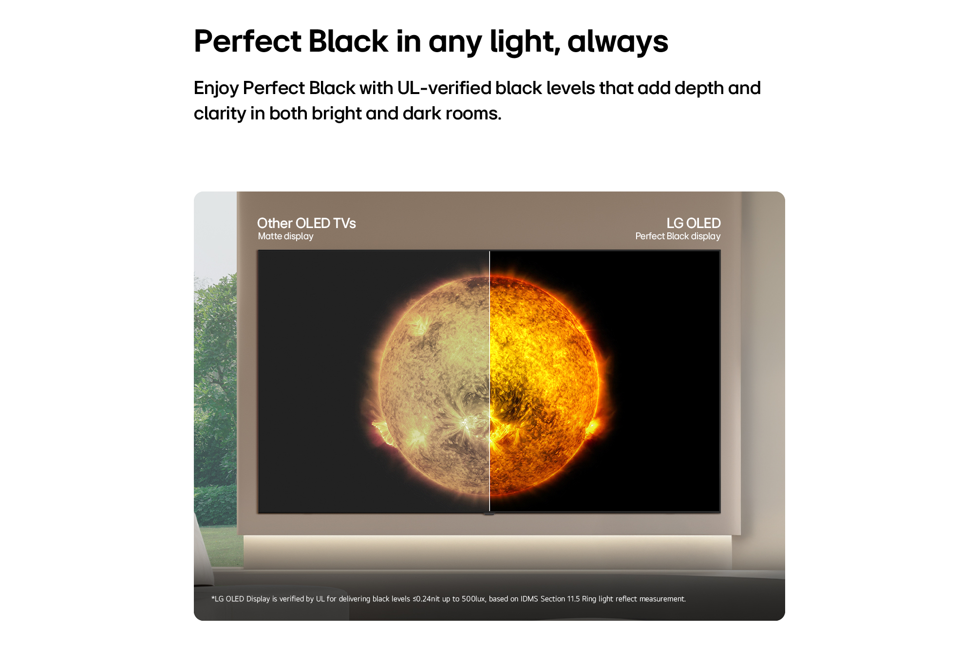 LG OLED B6 – המחשת ניגודיות ושחור מוחלט המחשת Perfect Black של LG OLED באמצעות תמונת שמש והשוואת עומק השחור