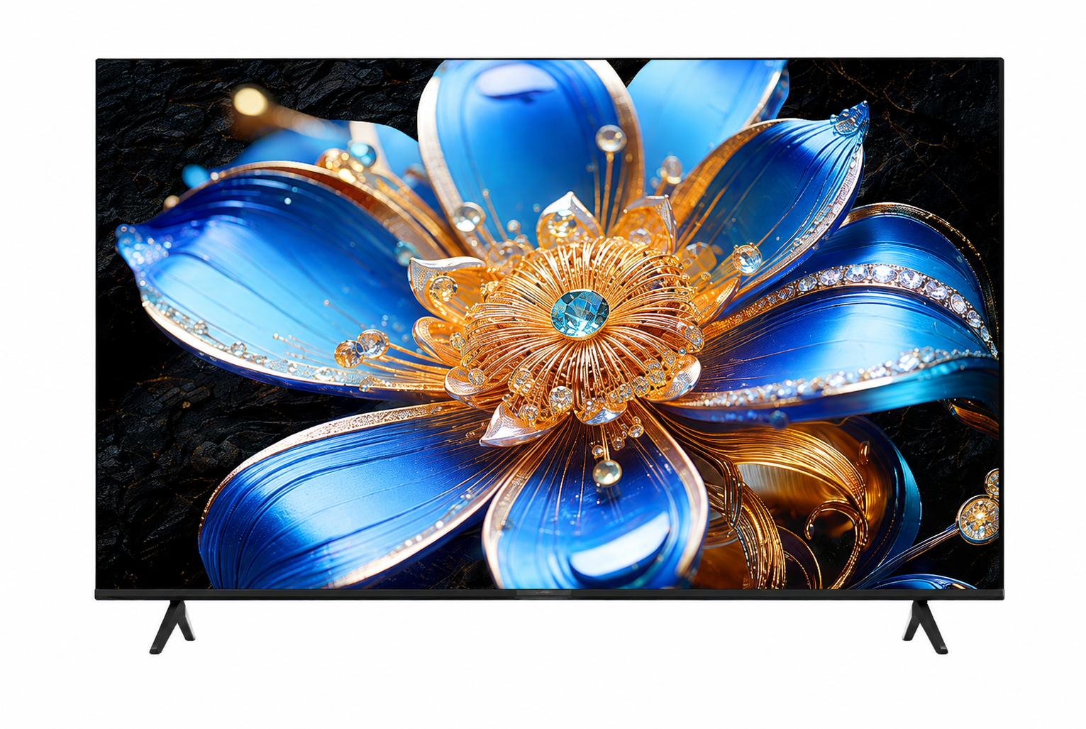 TCL 50T6D מבט חזיתי עם תמונת פרח כחול וזהוב ושתי רגליות
