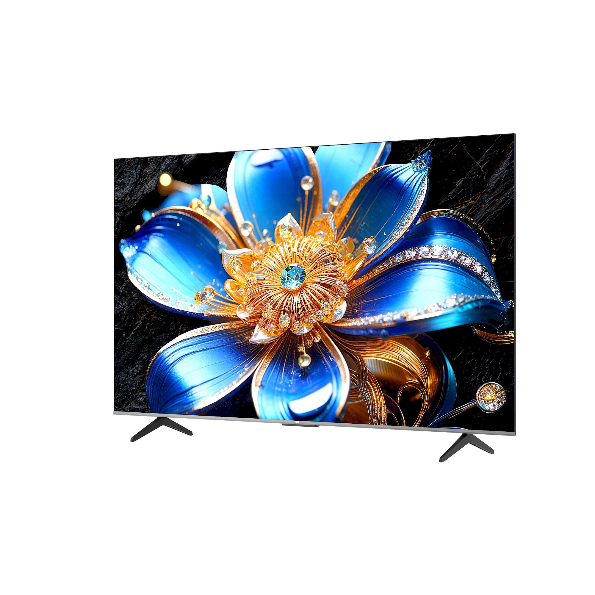 טלוויזיה חכמה TCL 50T6D בגודל 50 אינץ׳ בזווית עם פרח כחול וזהוב על המסך