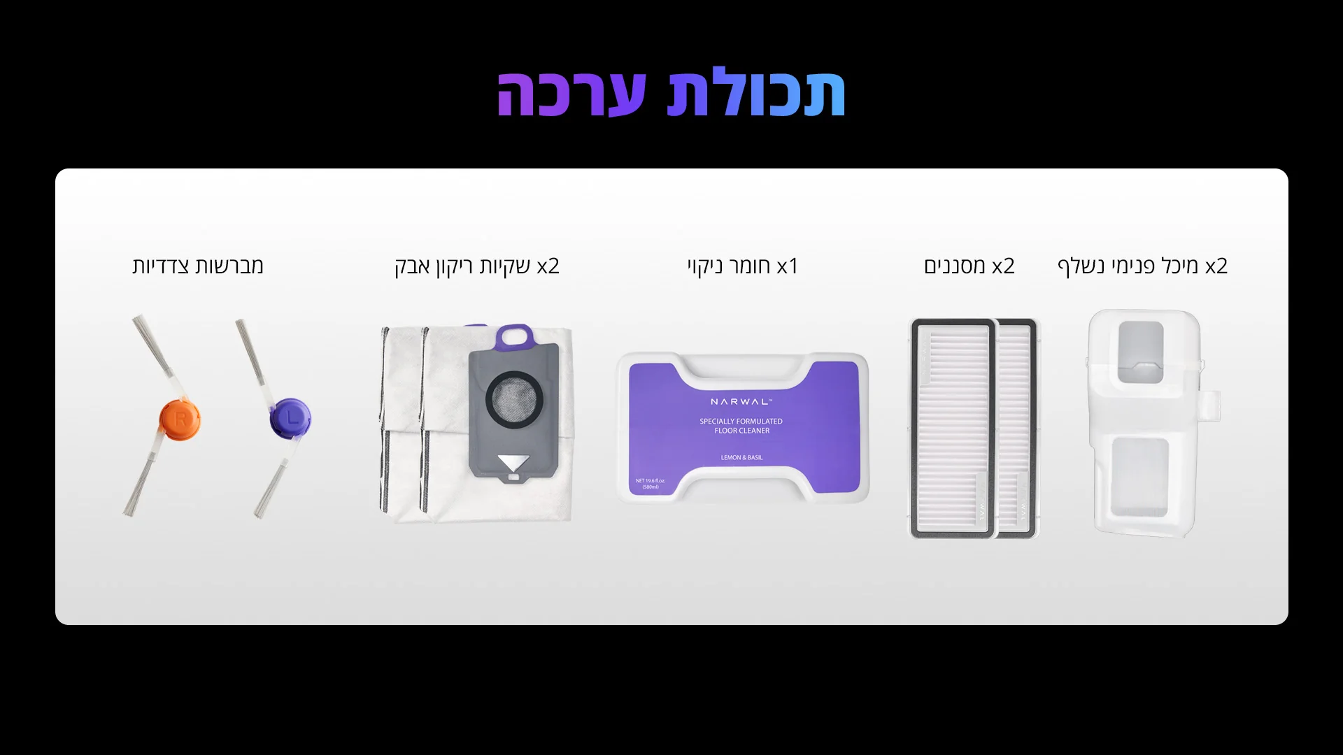 תכולת הערכה לפי Narwal ישראל: מכלים, מסננים, חומר ניקוי, שקיות ומברשות
