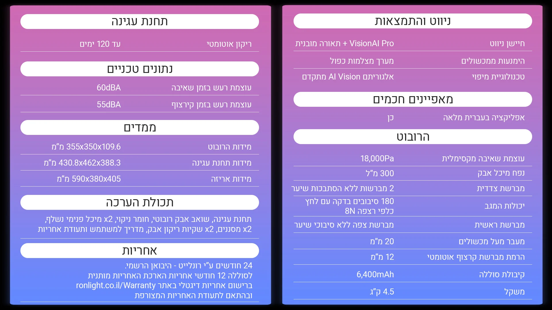 המפרט הישראלי המקורי — ניווט, סוללה, מידות, אריזה ואחריות
