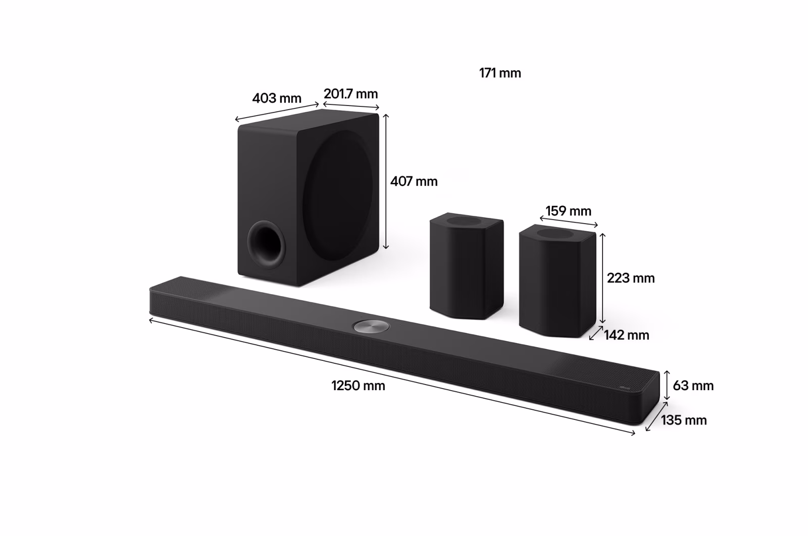 תרשים מידות LG S95AR: סאונדבר 1250×63×135 מ״מ, סאב־וופר ורמקולים אחוריים