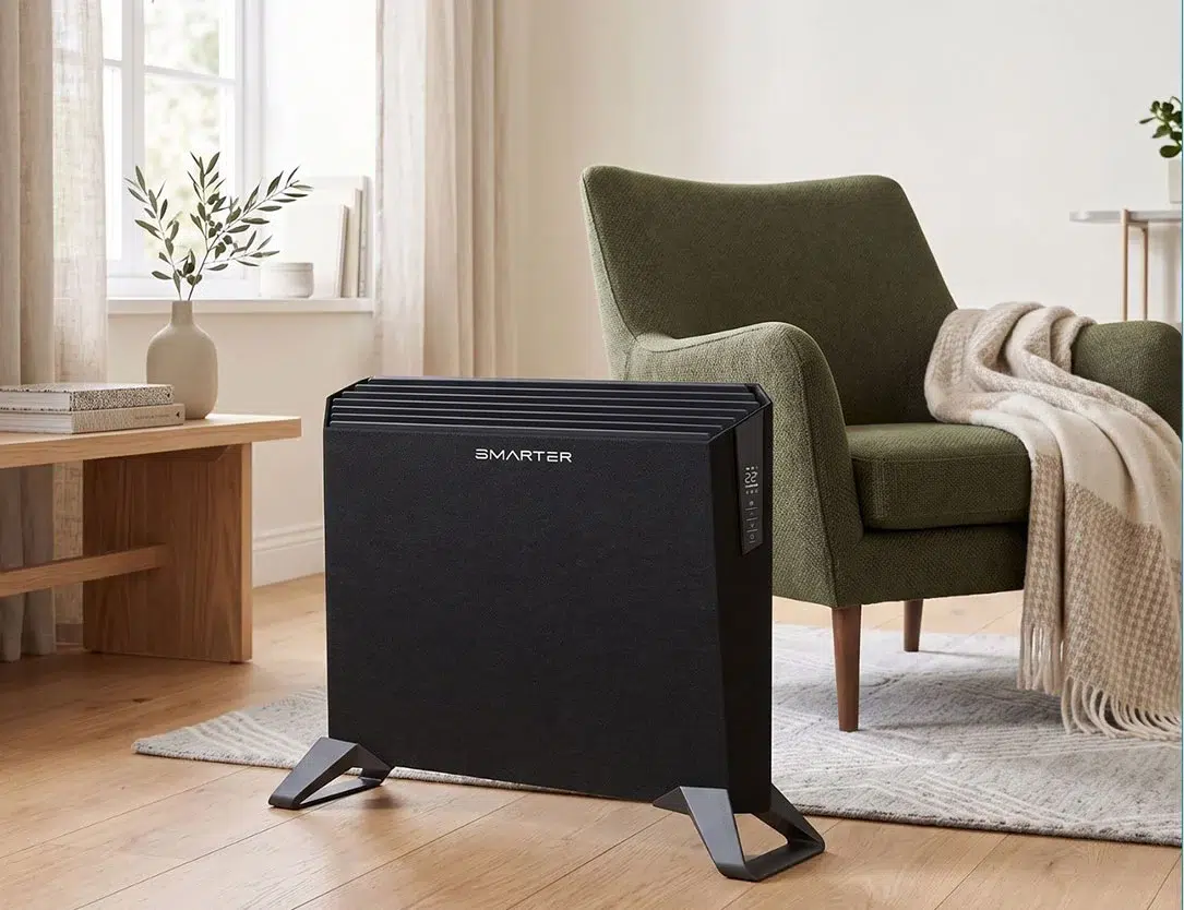 SMARTER XT2000 – תנור החימום השחור לצד כורסה ירוקה בחדר מואר