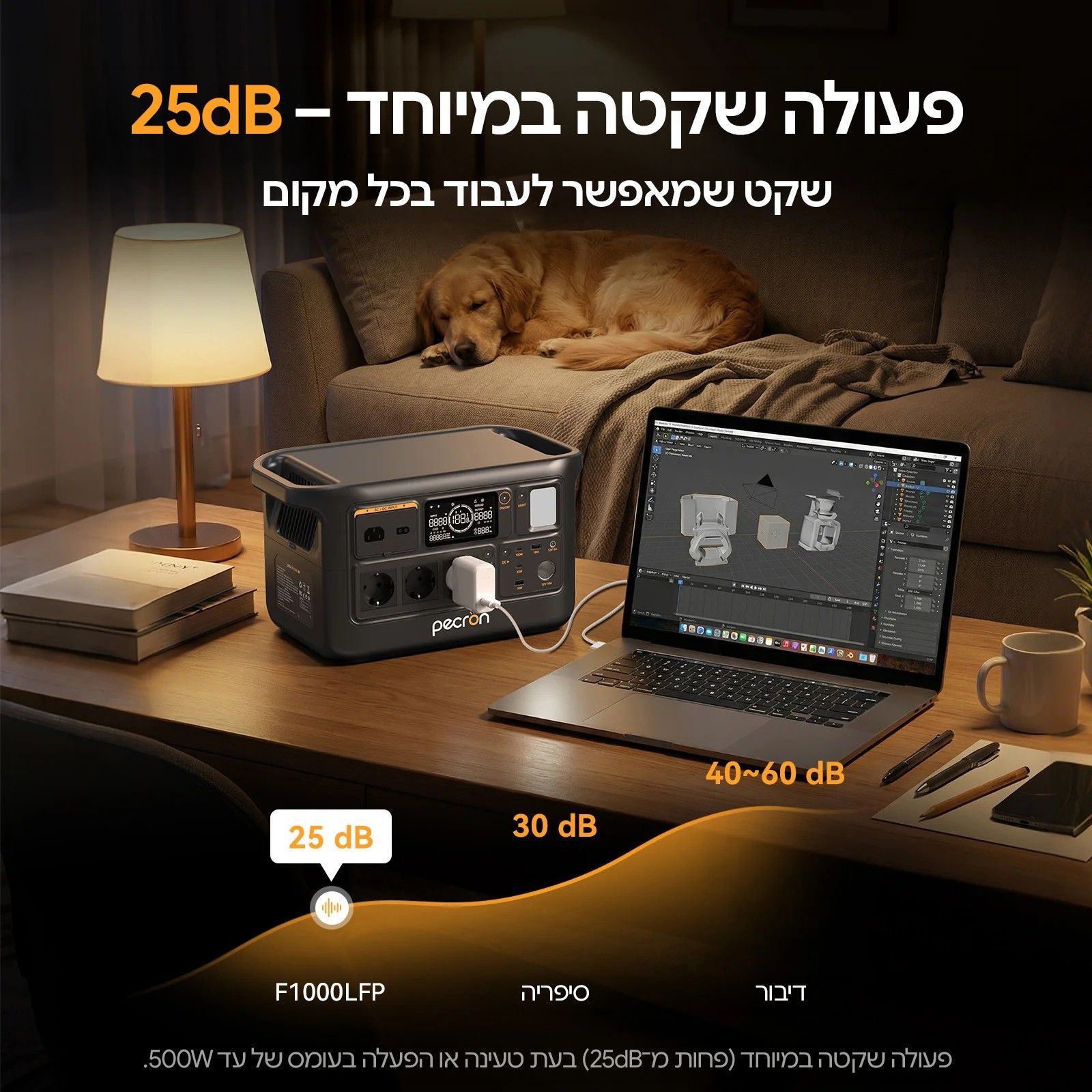 PECRON F1000LFP – פעולה שקטה יחסית בעומס נמוך PECRON F1000LFP מפעילה מחשב נייד בחדר לצד כלב ישן, עם המחשת רמת רעש של 25dB