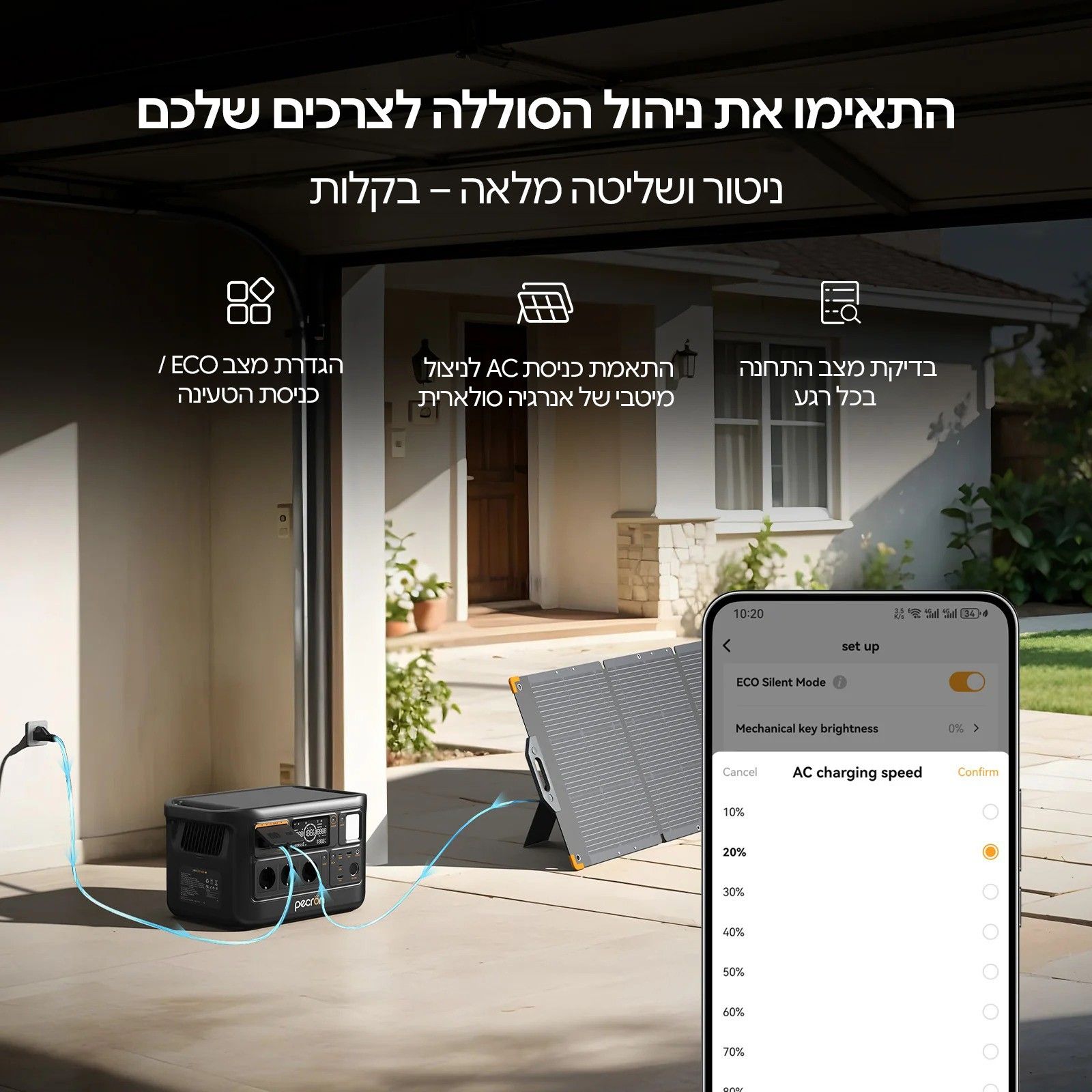 PECRON F1000LFP – ניהול וניטור מהאפליקציה המחשת אפליקציית PECRON לניטור תחנת F1000LFP ולהגדרת מהירות הטעינה