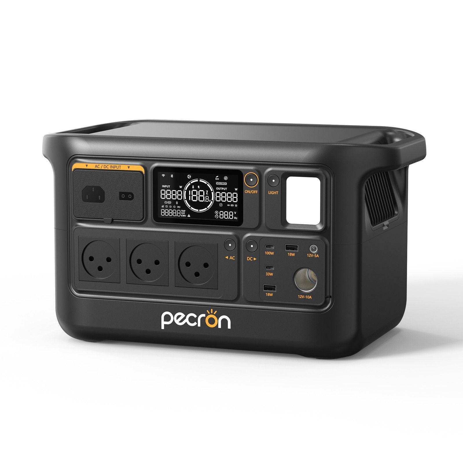 PECRON F1000LFP – גוף קומפקטי וידית נשיאה PECRON F1000LFP במבט אלכסוני המציג את גוף התחנה, ידית הנשיאה ופתחי האוורור