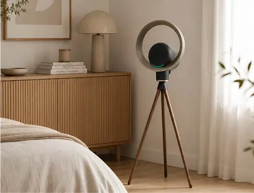מטהר האוויר PureAura C3 לצד שידה בחדר שינה בעיצוב טבעי