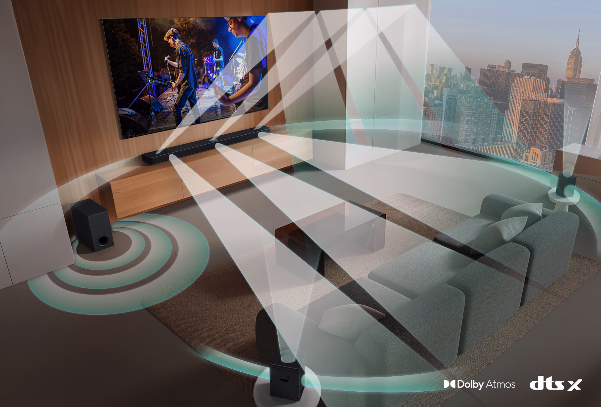 המחשת פיזור סאונד Dolby Atmos ו־DTS:X ממערכת LG S95AR סביב אזור הישיבה